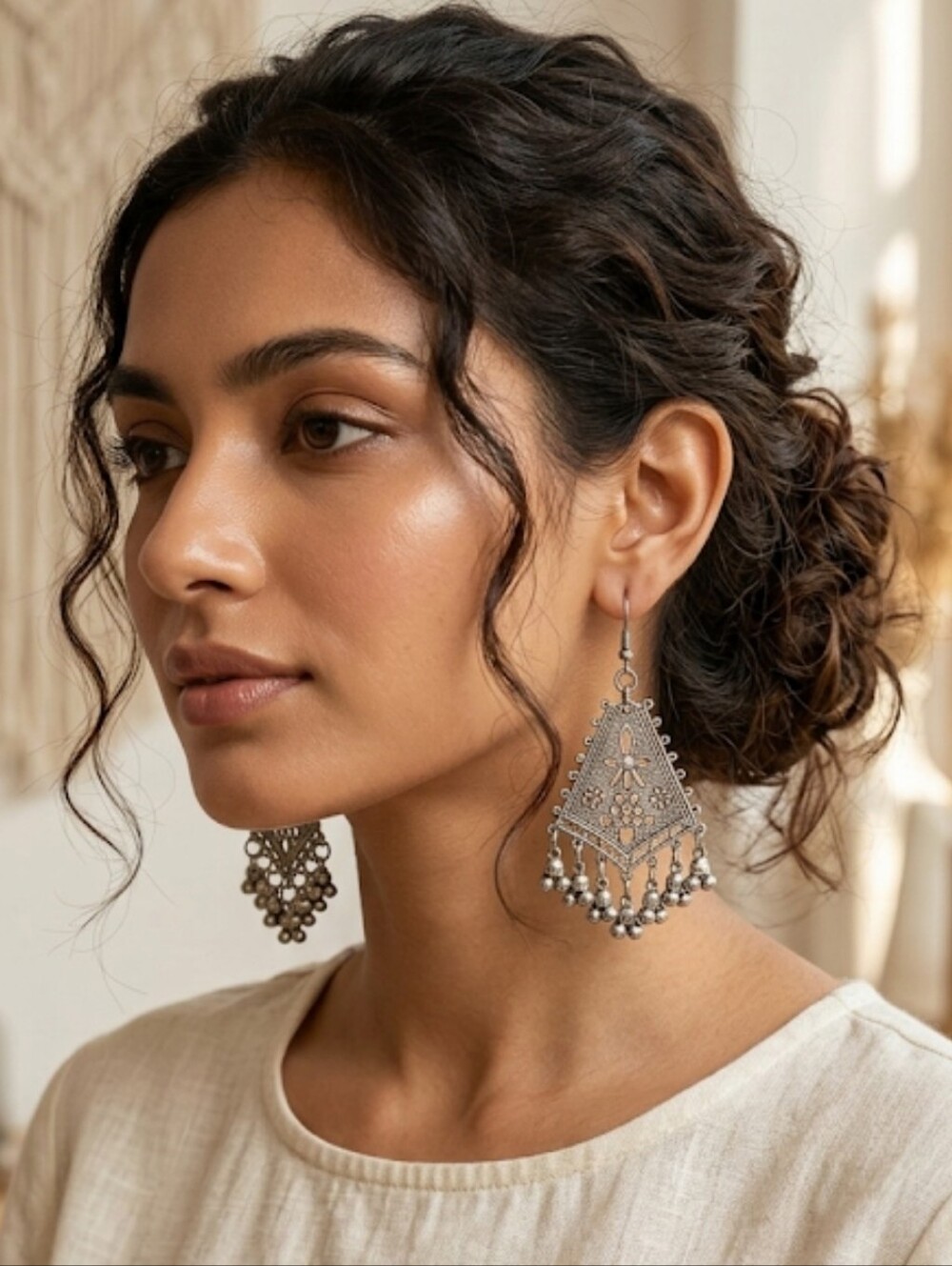 Oxidised Triangle Jhumka Earrings W/ Dangling Jhumkis - Traditional Indian Style